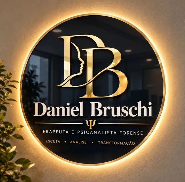 Placa redonda iluminada com o monograma DB, o nome Daniel Bruschi e Terapeuta e Psicanalista Forense