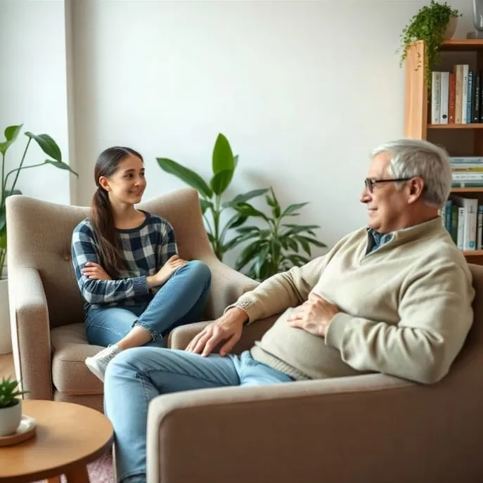Terapeuta conversando com uma jovem em poltronas claras